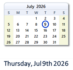 9 July 2026 calendar