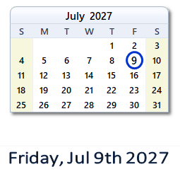 July 9, 2027 calendar