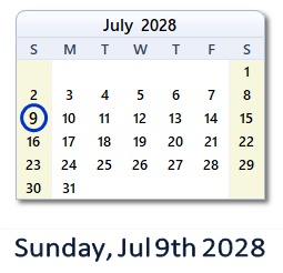 July 9, 2028 calendar