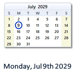 July 9, 2029 calendar