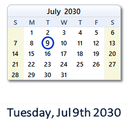 July 9, 2030 calendar