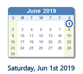 June 1, 2019 calendar