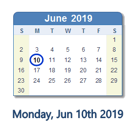 June 10, 2019 calendar