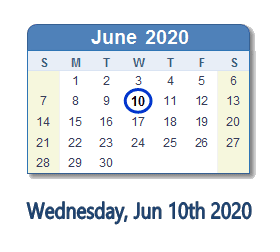 June 10, 2020 calendar