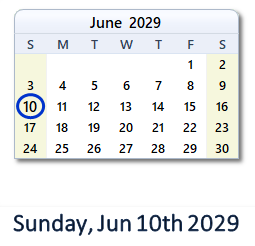 June 10, 2029 calendar