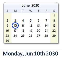 June 10, 2030 calendar