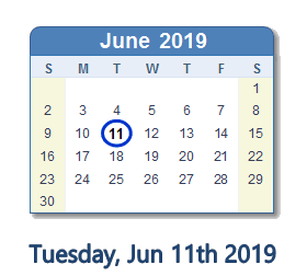 June 11, 2019 calendar