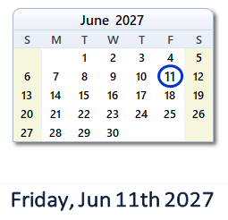 June 11, 2027 calendar