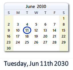 June 11, 2030 calendar