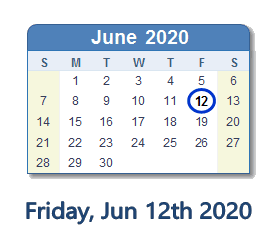 June 12, 2020 calendar