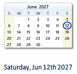 June 12, 2027 calendar