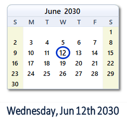 June 12, 2030 calendar