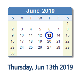 June 13, 2019 calendar
