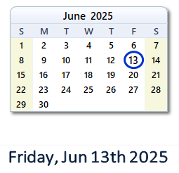 13 June 2025 calendar