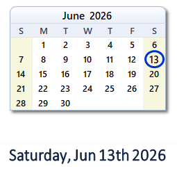 13 June 2026 calendar