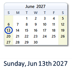June 13, 2027 calendar