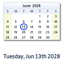 June 13, 2028 calendar