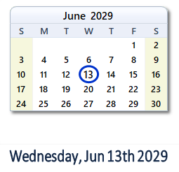 June 13, 2029 calendar