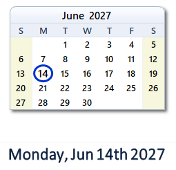 June 14, 2027 calendar