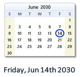 June 14, 2030 calendar