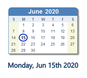 June 15, 2020 calendar