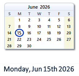 15 June 2026 calendar