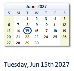 15 June 2027 calendar