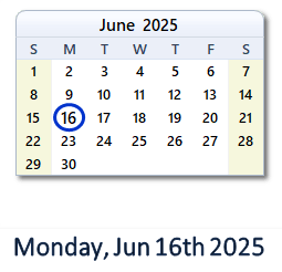 16 June 2025 calendar