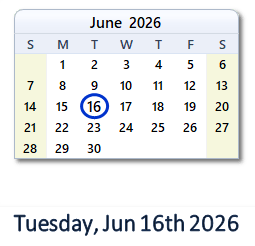 16 June 2026 calendar