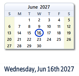 June 16, 2027 calendar