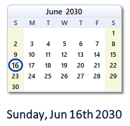 June 16, 2030 calendar