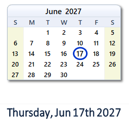 June 17, 2027 calendar