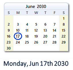 June 17, 2030 calendar