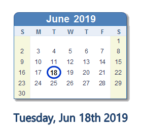 June 18, 2019 calendar