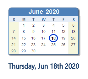 June 18, 2020 calendar