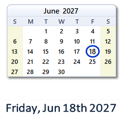 June 18, 2027 calendar