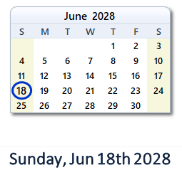 June 18, 2028 calendar