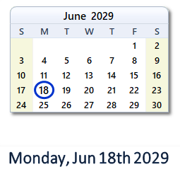 June 18, 2029 calendar