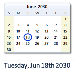 June 18, 2030 calendar