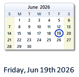 19 June 2026 calendar