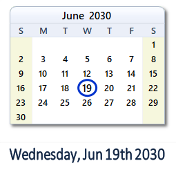 June 19, 2030 calendar