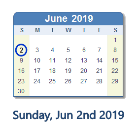 June 2, 2019 calendar