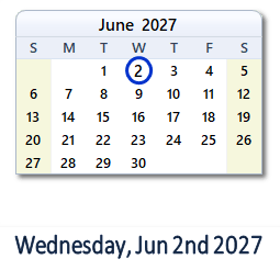 June 2, 2027 calendar