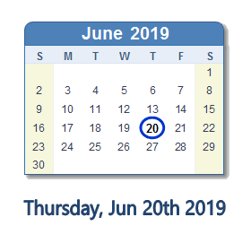 June 20, 2019 calendar