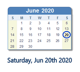 June 20, 2020 calendar