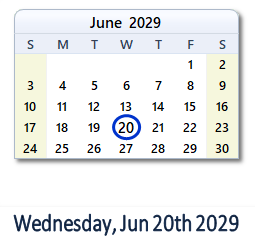 June 20, 2029 calendar