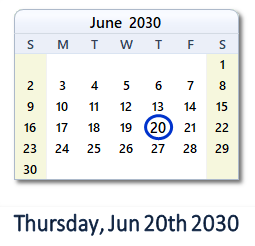 June 20, 2030 calendar