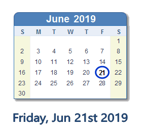 June 21, 2019 calendar