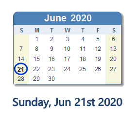 June 21, 2020 calendar