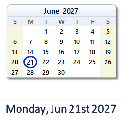 June 21, 2027 calendar